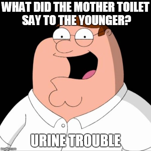 Family Guy Bad Joke | WHAT DID THE MOTHER TOILET SAY TO THE YOUNGER? URINE TROUBLE | image tagged in peter griffin,toilet,bad joke,family guy,funny | made w/ Imgflip meme maker
