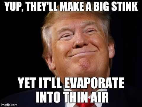 Smug Trump | YUP, THEY'LL MAKE A BIG STINK YET IT'LL EVAPORATE INTO THIN AIR | image tagged in smug trump | made w/ Imgflip meme maker