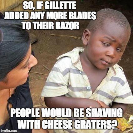 Third World Skeptical Kid Meme |  SO, IF GILLETTE ADDED ANY MORE BLADES TO THEIR RAZOR; PEOPLE WOULD BE SHAVING WITH CHEESE GRATERS? | image tagged in memes,third world skeptical kid | made w/ Imgflip meme maker