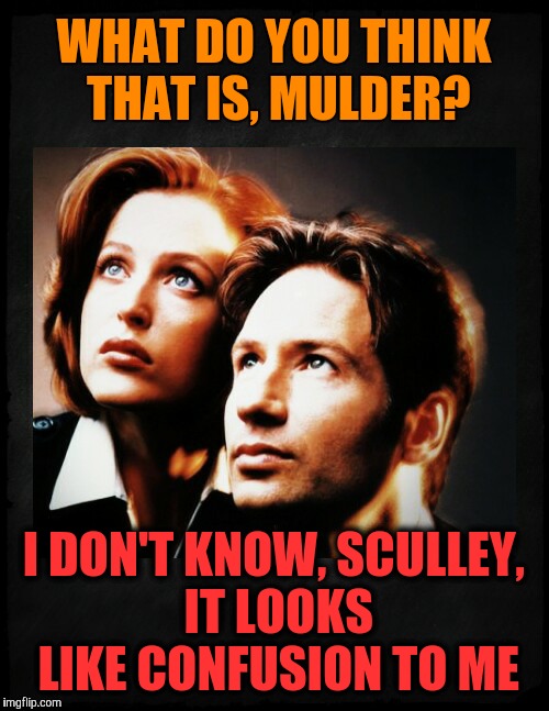 Mulder and Scully gaze to whatever,,, | WHAT DO YOU THINK THAT IS, MULDER? I DON'T KNOW, SCULLEY, IT LOOKS LIKE CONFUSION TO ME | image tagged in mulder and scully gaze to whatever   | made w/ Imgflip meme maker