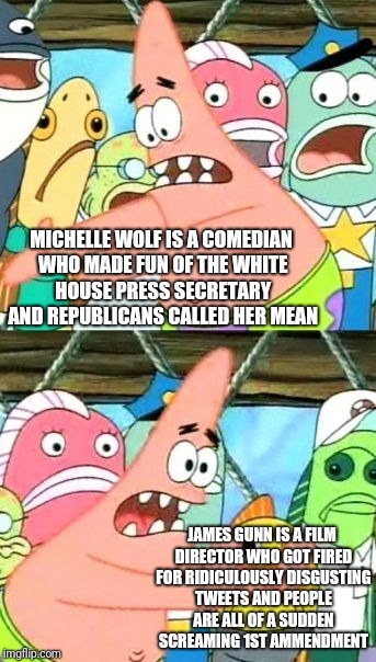 Put It Somewhere Else Patrick Meme | MICHELLE WOLF IS A COMEDIAN WHO MADE FUN OF THE WHITE HOUSE PRESS SECRETARY AND REPUBLICANS CALLED HER MEAN JAMES GUNN IS A FILM DIRECTOR WH | image tagged in memes,put it somewhere else patrick | made w/ Imgflip meme maker