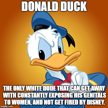 Donald Duck | DONALD DUCK; THE ONLY WHITE DUDE THAT CAN GET AWAY WITH CONSTANTLY EXPOSING HIS GENITALS TO WOMEN, AND NOT GET FIRED BY DISNEY. | image tagged in disney,donald duck,metoo | made w/ Imgflip meme maker