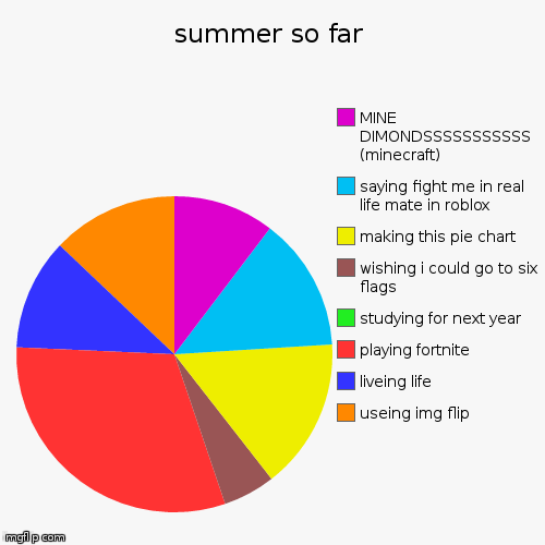 summer so far | useing img flip, liveing life, playing fortnite, studying for next year, wishing i could go to six flags, making this pie ch | image tagged in funny,pie charts | made w/ Imgflip chart maker