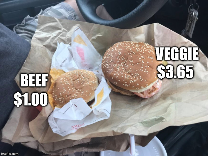 VEGGIE; $3.65; BEEF; $1.00 | made w/ Imgflip meme maker