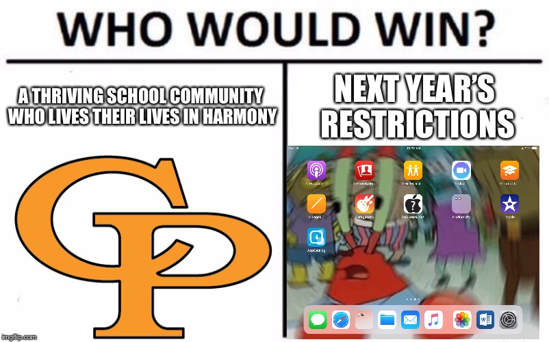 I had Fortnite Mobile and now I don’t have it anymore. Prepare to see time-capsule players! | A THRIVING SCHOOL COMMUNITY WHO LIVES THEIR LIVES IN HARMONY; NEXT YEAR’S RESTRICTIONS | image tagged in memes,who would win,fortnite,mobile,ipad,prep | made w/ Imgflip meme maker