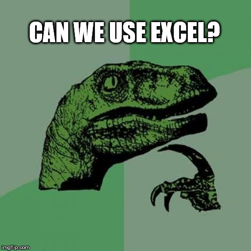 Philosoraptor | CAN WE USE EXCEL? | image tagged in memes,philosoraptor | made w/ Imgflip meme maker