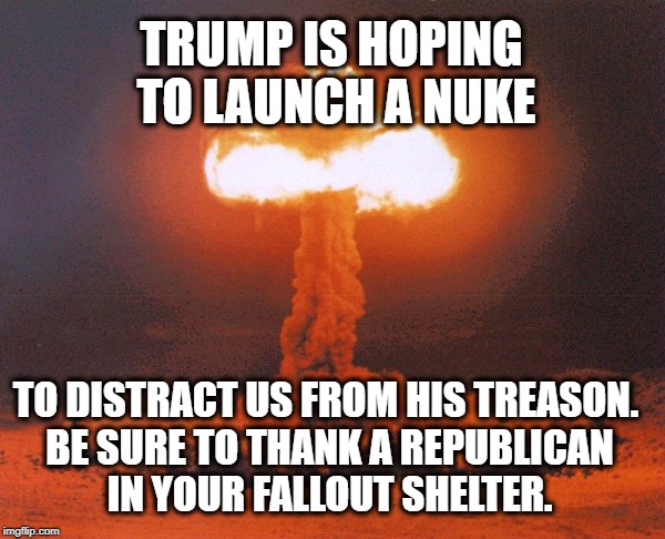 Mushrooms, Anyone? | TRUMP IS HOPING TO LAUNCH A NUKE; TO DISTRACT US FROM HIS TREASON. BE SURE TO THANK A REPUBLICAN IN YOUR FALLOUT SHELTER. | image tagged in trump,nuke,nuclear war,iran,treason,republicans | made w/ Imgflip meme maker