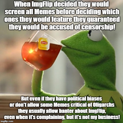 But That's None Of My Business Meme |  When ImgFlip decided they would screen all Memes before deciding which ones they would feature they guaranteed they would be accused of censorship! But even if they have political biases or don't allow some Memes critical of Oligarchs they usually allow banter about ImgFlip, even when it's complaining, but it's not my business! | image tagged in memes,but thats none of my business,kermit the frog | made w/ Imgflip meme maker