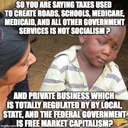 Third World Skeptical Kid Meme | SO YOU ARE SAYING TAXES USED TO CREATE ROADS, SCHOOLS, MEDICARE, MEDICAID, AND ALL OTHER GOVERNMENT SERVICES IS NOT SOCIALISM ? AND PRIVATE BUSINESS WHICH IS TOTALLY REGULATED BY BY LOCAL, STATE, AND THE FEDERAL GOVERNMENT IS FREE MARKET CAPITALISM? | image tagged in memes,third world skeptical kid | made w/ Imgflip meme maker