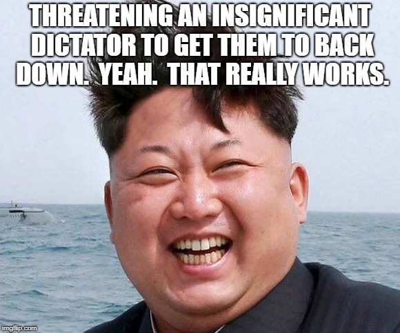 Kim Jung Un | THREATENING AN INSIGNIFICANT DICTATOR TO GET THEM TO BACK DOWN.  YEAH.  THAT REALLY WORKS. | image tagged in kim jung un | made w/ Imgflip meme maker