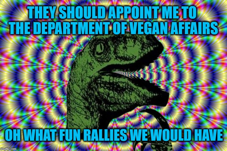 Philosoraptor No | THEY SHOULD APPOINT ME TO THE DEPARTMENT OF VEGAN AFFAIRS; OH WHAT FUN RALLIES WE WOULD HAVE | image tagged in philosoraptor,epa,fda,government corruption,bacon,what if i told you | made w/ Imgflip meme maker