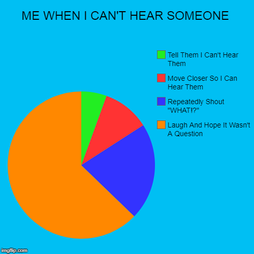 ME WHEN I CAN'T HEAR SOMEONE | Laugh And Hope It Wasn't A Question, Repeatedly Shout "WHAT!?" , Move Closer So I Can Hear Them, Tell Them I  | image tagged in funny,pie charts | made w/ Imgflip chart maker