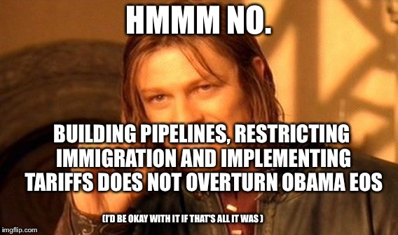 One Does Not Simply Meme | HMMM NO. BUILDING PIPELINES, RESTRICTING IMMIGRATION AND IMPLEMENTING TARIFFS DOES NOT OVERTURN OBAMA EOS (I’D BE OKAY WITH IT IF THAT'S ALL | image tagged in memes,one does not simply | made w/ Imgflip meme maker
