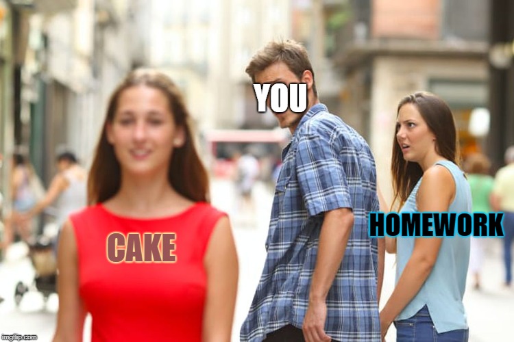 Distracted Boyfriend Meme | YOU; HOMEWORK; CAKE | image tagged in memes,distracted boyfriend | made w/ Imgflip meme maker