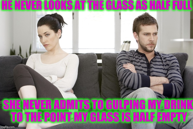 couple arguing | HE NEVER LOOKS AT THE GLASS AS HALF FULL SHE NEVER ADMITS TO GULPING MY DRINK TO THE POINT MY GLASS IS HALF EMPTY | image tagged in couple arguing | made w/ Imgflip meme maker