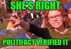 sjw | SHE'S RIGHT POLITIFACT VERIFIED IT | image tagged in sjw | made w/ Imgflip meme maker