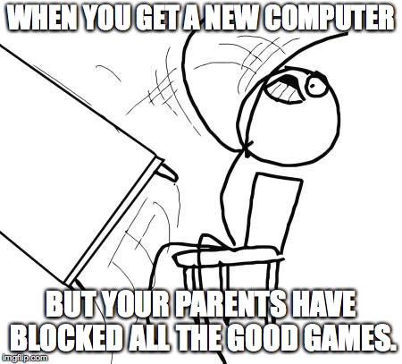 Table Flip Guy Meme | WHEN YOU GET A NEW COMPUTER; BUT YOUR PARENTS HAVE BLOCKED ALL THE GOOD GAMES. | image tagged in memes,table flip guy | made w/ Imgflip meme maker