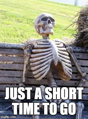 Waiting Skeleton | JUST A SHORT TIME TO GO | image tagged in memes,waiting skeleton | made w/ Imgflip meme maker