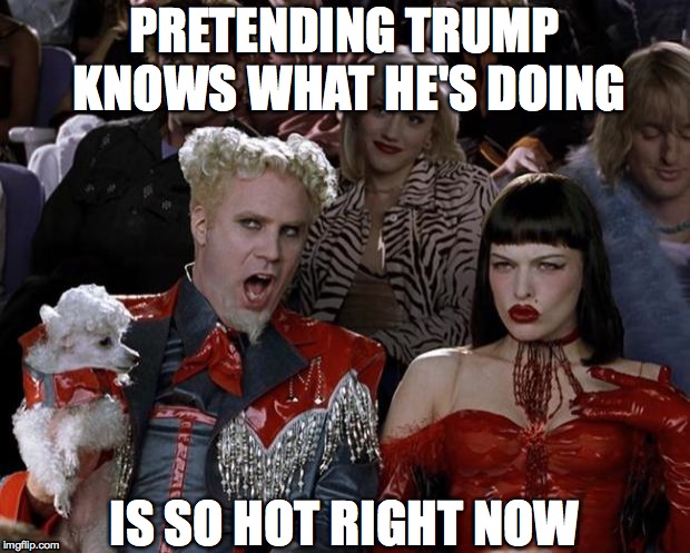 Mugatu So Hot Right Now Meme | PRETENDING TRUMP KNOWS WHAT HE'S DOING; IS SO HOT RIGHT NOW | image tagged in memes,mugatu so hot right now | made w/ Imgflip meme maker