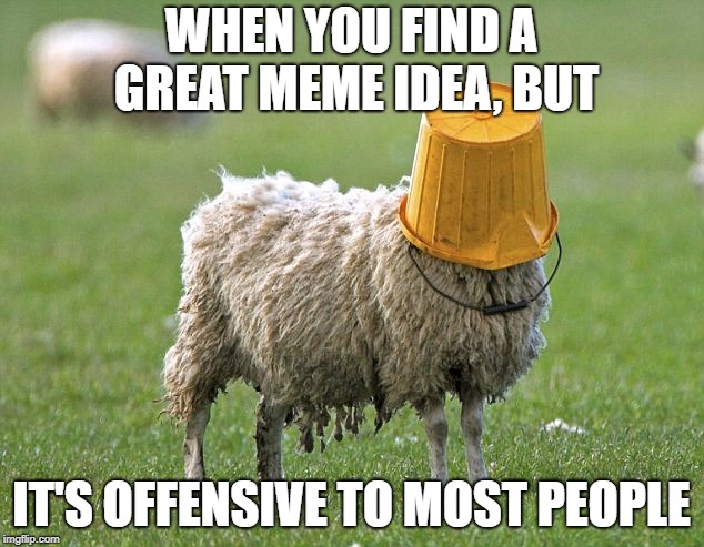 Oops | WHEN YOU FIND A GREAT MEME IDEA, BUT; IT'S OFFENSIVE TO MOST PEOPLE | image tagged in stupid sheep,fail | made w/ Imgflip meme maker