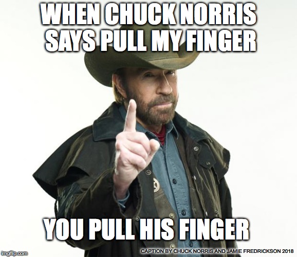 Chuck Norris Finger Meme | WHEN CHUCK NORRIS SAYS PULL MY FINGER; YOU PULL HIS FINGER; CAPTION BY CHUCK NORRIS AND JAMIE FREDRICKSON 2018 | image tagged in memes,chuck norris finger,chuck norris | made w/ Imgflip meme maker