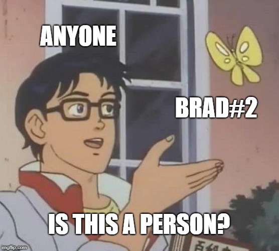 Is This A Pigeon Meme | ANYONE; BRAD#2; IS THIS A PERSON? | image tagged in memes,is this a pigeon | made w/ Imgflip meme maker
