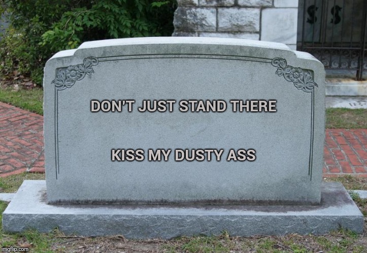 Blank Tombstone | DON'T JUST STAND THERE KISS MY DUSTY ASS | image tagged in blank tombstone | made w/ Imgflip meme maker