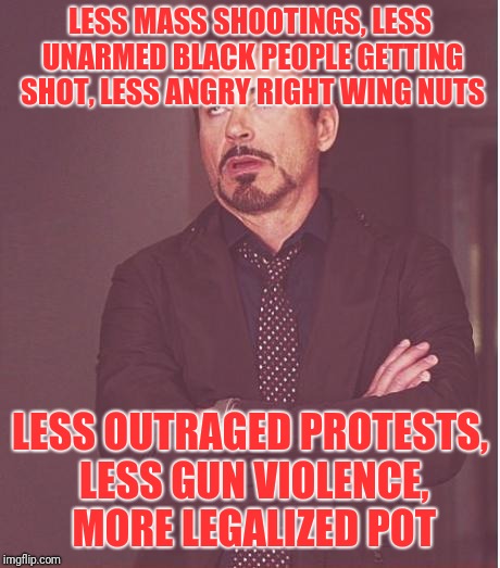 Face You Make Robert Downey Jr Meme | LESS MASS SHOOTINGS, LESS UNARMED BLACK PEOPLE GETTING SHOT, LESS ANGRY RIGHT WING NUTS LESS OUTRAGED PROTESTS, LESS GUN VIOLENCE, MORE LEGA | image tagged in memes,face you make robert downey jr | made w/ Imgflip meme maker