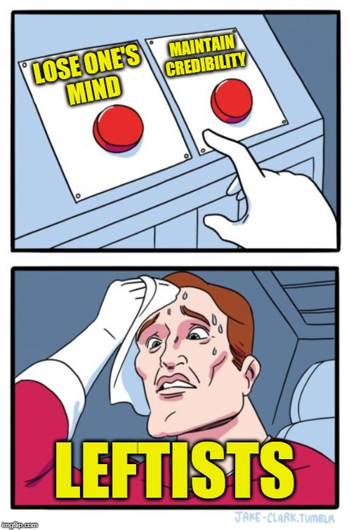 Two Buttons Meme | MAINTAIN CREDIBILITY; LOSE ONE'S MIND; LEFTISTS | image tagged in memes,two buttons | made w/ Imgflip meme maker