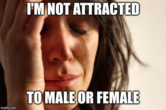 First World Problems Meme | I'M NOT ATTRACTED; TO MALE OR FEMALE | image tagged in memes,first world problems | made w/ Imgflip meme maker