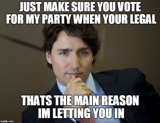 Justin Trudeau readiness | JUST MAKE SURE YOU VOTE FOR MY PARTY WHEN YOUR LEGAL THATS THE MAIN REASON IM LETTING YOU IN | image tagged in justin trudeau readiness | made w/ Imgflip meme maker