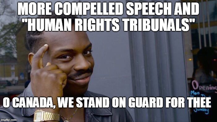 Roll Safe Think About It Meme | MORE COMPELLED SPEECH AND "HUMAN RIGHTS TRIBUNALS" O CANADA, WE STAND ON GUARD FOR THEE | image tagged in memes,roll safe think about it | made w/ Imgflip meme maker