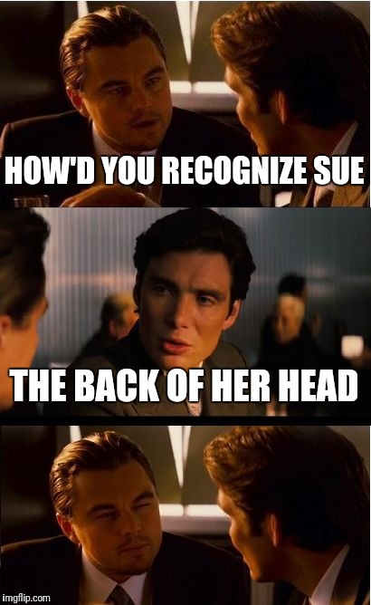 Inception Meme | HOW'D YOU RECOGNIZE SUE THE BACK OF HER HEAD | image tagged in memes,inception | made w/ Imgflip meme maker