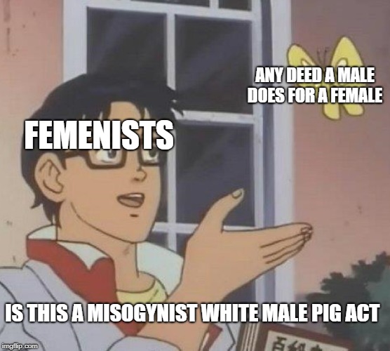 Is This A Pigeon | ANY DEED A MALE DOES FOR A FEMALE; FEMENISTS; IS THIS A MISOGYNIST WHITE MALE PIG ACT | image tagged in memes,is this a pigeon | made w/ Imgflip meme maker