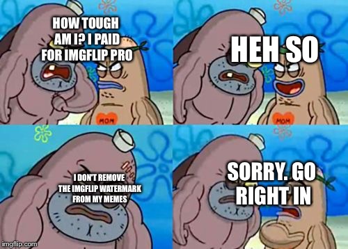 How Tough Am I | HOW TOUGH AM I? I PAID FOR IMGFLIP PRO; HEH SO; SORRY. GO RIGHT IN; I DON'T REMOVE THE IMGFLIP WATERMARK FROM MY MEMES | image tagged in how tough am i,spongebob | made w/ Imgflip meme maker