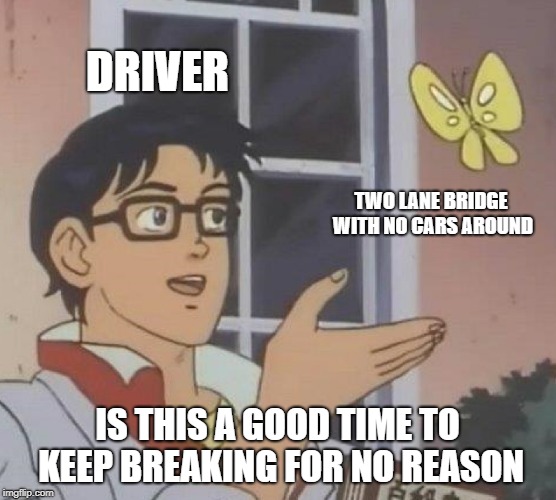 Almost got rear ended today cause some women kept wanting to break for no reason  | DRIVER; TWO LANE BRIDGE WITH NO CARS AROUND; IS THIS A GOOD TIME TO KEEP BREAKING FOR NO REASON | image tagged in memes,is this a pigeon | made w/ Imgflip meme maker