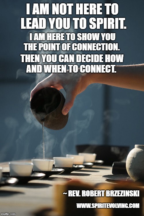 I AM NOT HERE TO LEAD YOU TO SPIRIT. I AM HERE TO SHOW YOU THE POINT OF CONNECTION. THEN YOU CAN DECIDE HOW AND WHEN TO CONNECT. ~ REV. ROBERT BRZEZINSKI; WWW.SPIRITEVOLVING.COM | image tagged in spirituality,new htought,science of mind | made w/ Imgflip meme maker