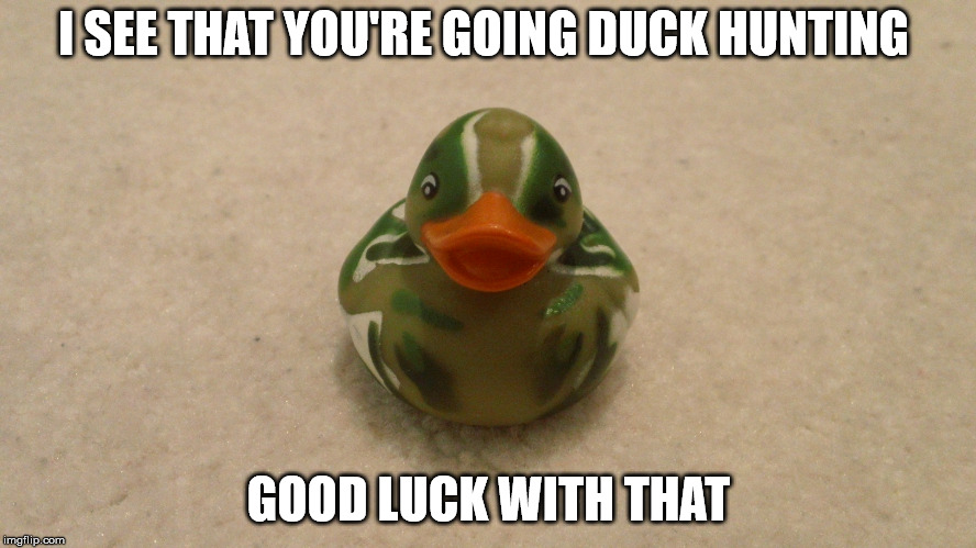 camo duck  | I SEE THAT YOU'RE GOING DUCK HUNTING; GOOD LUCK WITH THAT | image tagged in duck,hunting,duck hunting,camo,funny | made w/ Imgflip meme maker