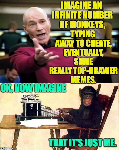 I'm doing the best I can. | IMAGINE AN INFINITE NUMBER OF MONKEYS, TYPING AWAY TO CREATE, EVENTUALLY, SOME REALLY TOP-DRAWER MEMES. OK, NOW IMAGINE; THAT IT'S JUST ME. | image tagged in memes,picard wtf,infinite monkey theorem | made w/ Imgflip meme maker