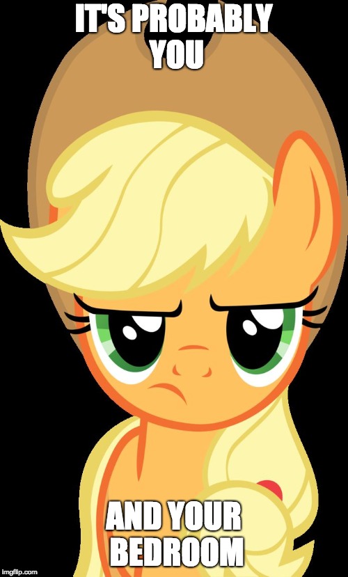 Applejack is not amused | IT'S PROBABLY YOU AND YOUR BEDROOM | image tagged in applejack is not amused | made w/ Imgflip meme maker