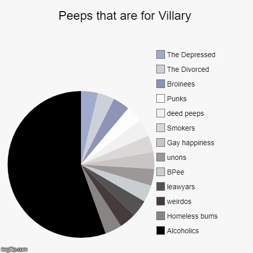 Peeps that are for Villary | Alcoholics, Homeless bums, weirdos, leawyars , BPee, unons , Gay happiness , Smokers, deed peeps, Punks, Broine | image tagged in funny,pie charts,memes,badluckbrian,and everybody loses their minds | made w/ Imgflip chart maker