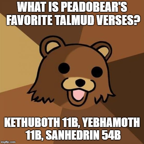 Pedobear Meme | WHAT IS PEADOBEAR'S FAVORITE TALMUD VERSES? KETHUBOTH 11B, YEBHAMOTH 11B, SANHEDRIN 54B | image tagged in memes,pedobear,jew,jews | made w/ Imgflip meme maker