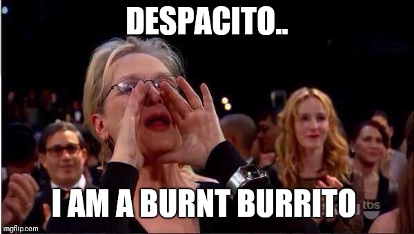 Meryl Streep Oscar | DESPACITO.. I AM A BURNT BURRITO | image tagged in meryl streep oscar | made w/ Imgflip meme maker