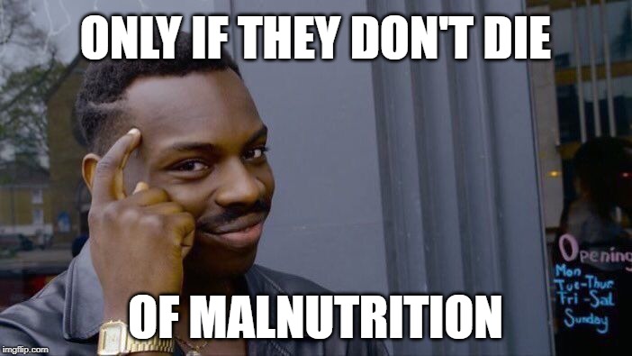 Roll Safe Think About It Meme | ONLY IF THEY DON'T DIE OF MALNUTRITION | image tagged in memes,roll safe think about it | made w/ Imgflip meme maker