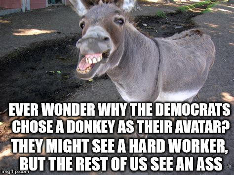 EVER WONDER WHY THE DEMOCRATS CHOSE A DONKEY AS THEIR AVATAR? THEY MIGHT SEE A HARD WORKER, BUT THE REST OF US SEE AN ASS | made w/ Imgflip meme maker