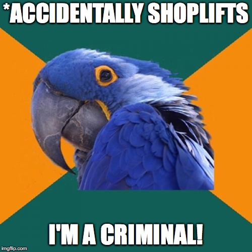 Paranoid Parrot Meme | *ACCIDENTALLY SHOPLIFTS; I'M A CRIMINAL! | image tagged in memes,paranoid parrot | made w/ Imgflip meme maker