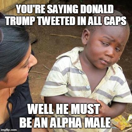 Third World Skeptical Kid Meme | YOU'RE SAYING DONALD TRUMP TWEETED IN ALL CAPS; WELL HE MUST BE AN ALPHA MALE | image tagged in memes,third world skeptical kid | made w/ Imgflip meme maker