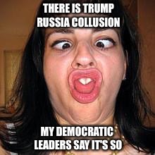 stupid people be like |  THERE IS TRUMP RUSSIA COLLUSION; MY DEMOCRATIC LEADERS SAY IT'S SO | image tagged in stupid people be like | made w/ Imgflip meme maker