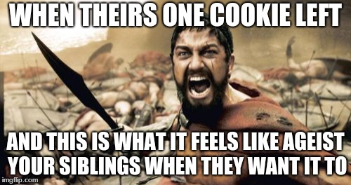 Sparta Leonidas Meme | WHEN THEIRS ONE COOKIE LEFT; AND THIS IS WHAT IT FEELS LIKE AGEIST YOUR SIBLINGS WHEN THEY WANT IT TO | image tagged in memes,sparta leonidas | made w/ Imgflip meme maker