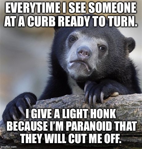 Confession Bear Meme | EVERYTIME I SEE SOMEONE AT A CURB READY TO TURN. I GIVE A LIGHT HONK BECAUSE I’M PARANOID THAT THEY WILL CUT ME OFF. | image tagged in memes,confession bear | made w/ Imgflip meme maker